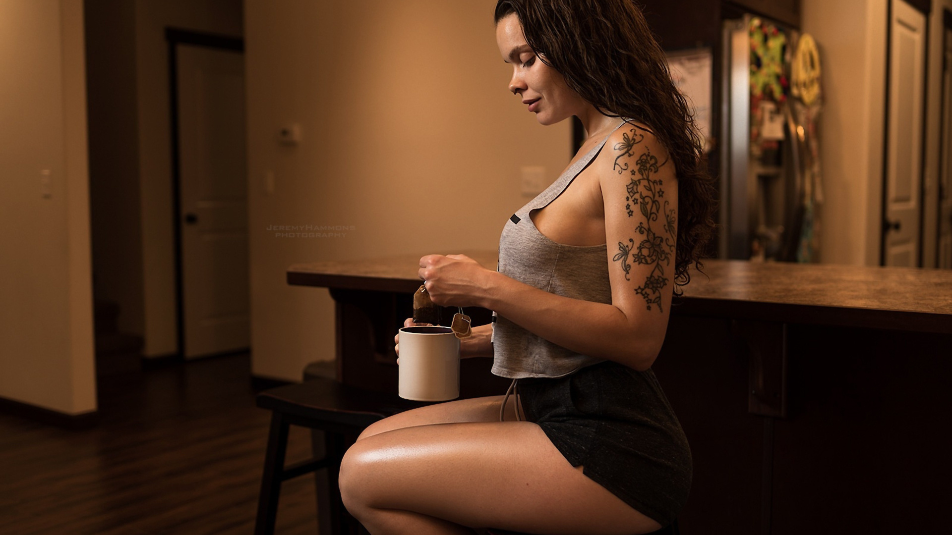 women, portrait, shorts, tanned, t-shirt, cup, tea, sitting, tattoo, nose rings, sideboob