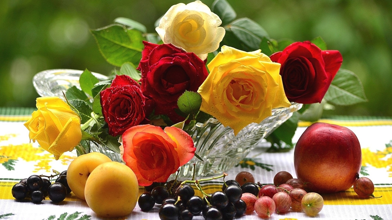 fruits, fresh colorful, bouquet, still, roses, life, flower, flwers, nature