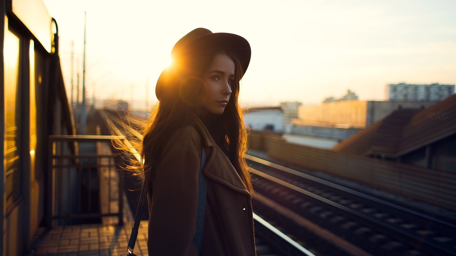 women, portrait, sunset, sunlight, hat, railway, looking away, , , , , , , 