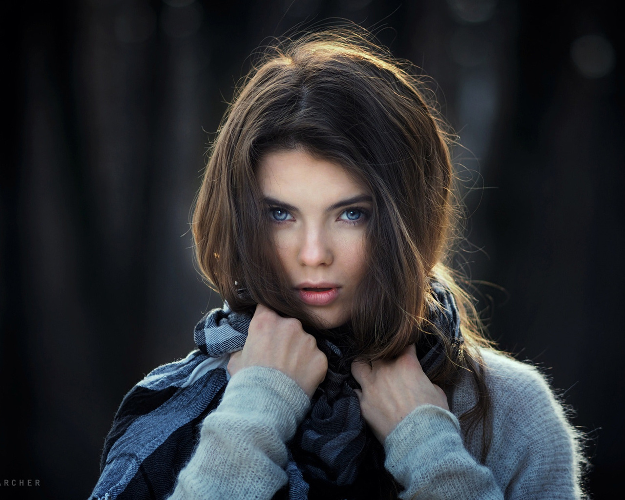 women, face, portrait, depth of field, blue eyes, scarf, sweater, sean archer, , , ,  , , , 