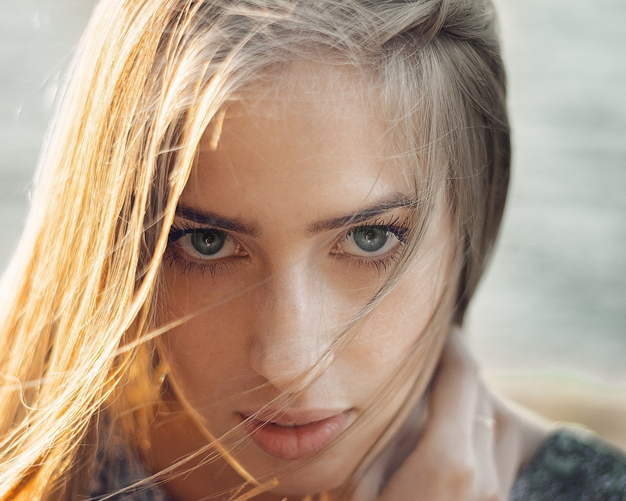 victoria morozova, women, blonde, face, portrait, depth of field, gray eyes