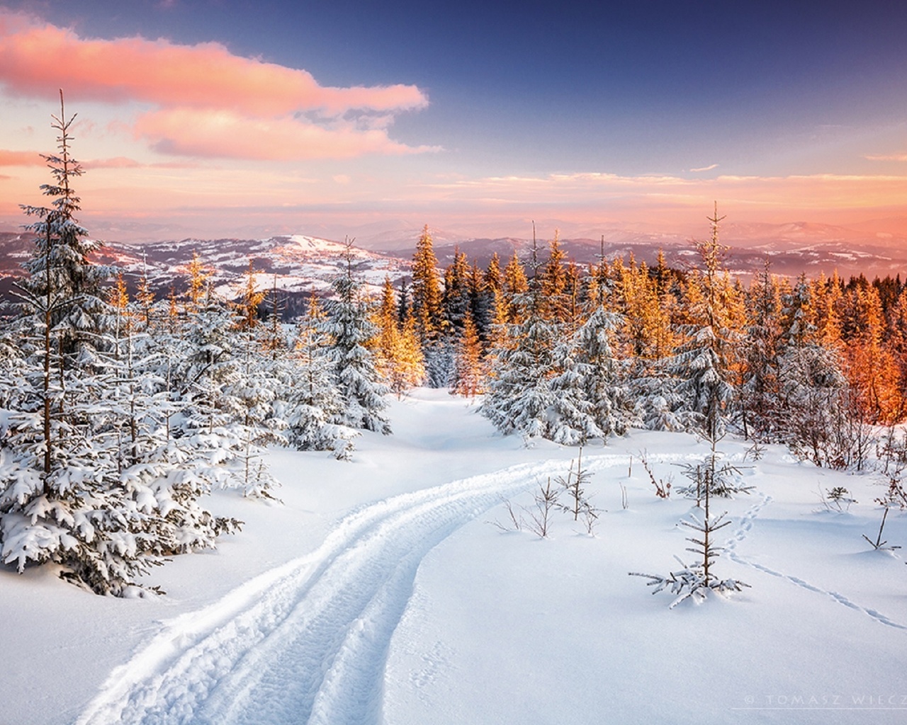 frozen, winter, snow, light, sunset, poland, mountains, route, orange, tomasz wieczorek