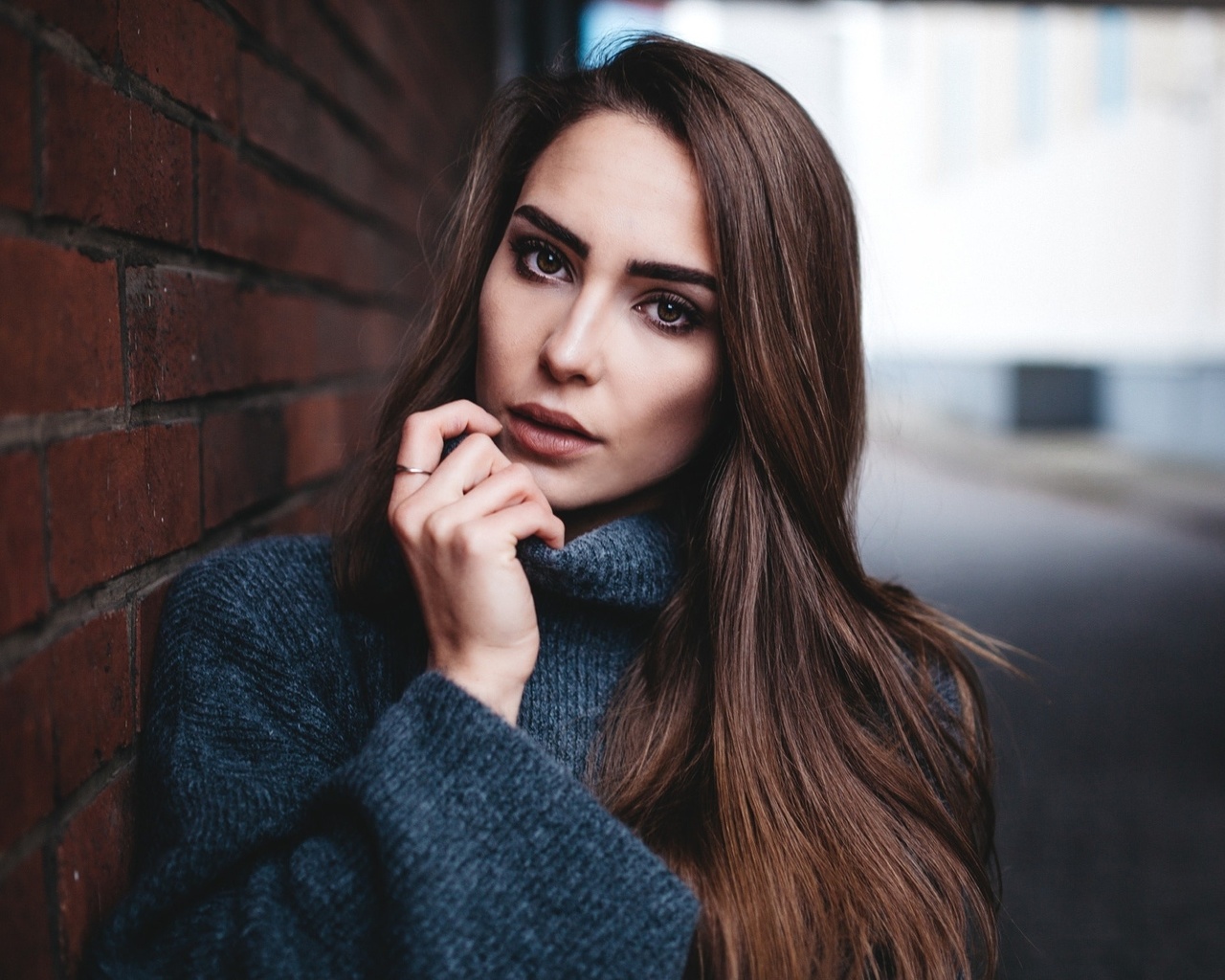 women, face, portrait, bricks, wall, depth of field,  , 