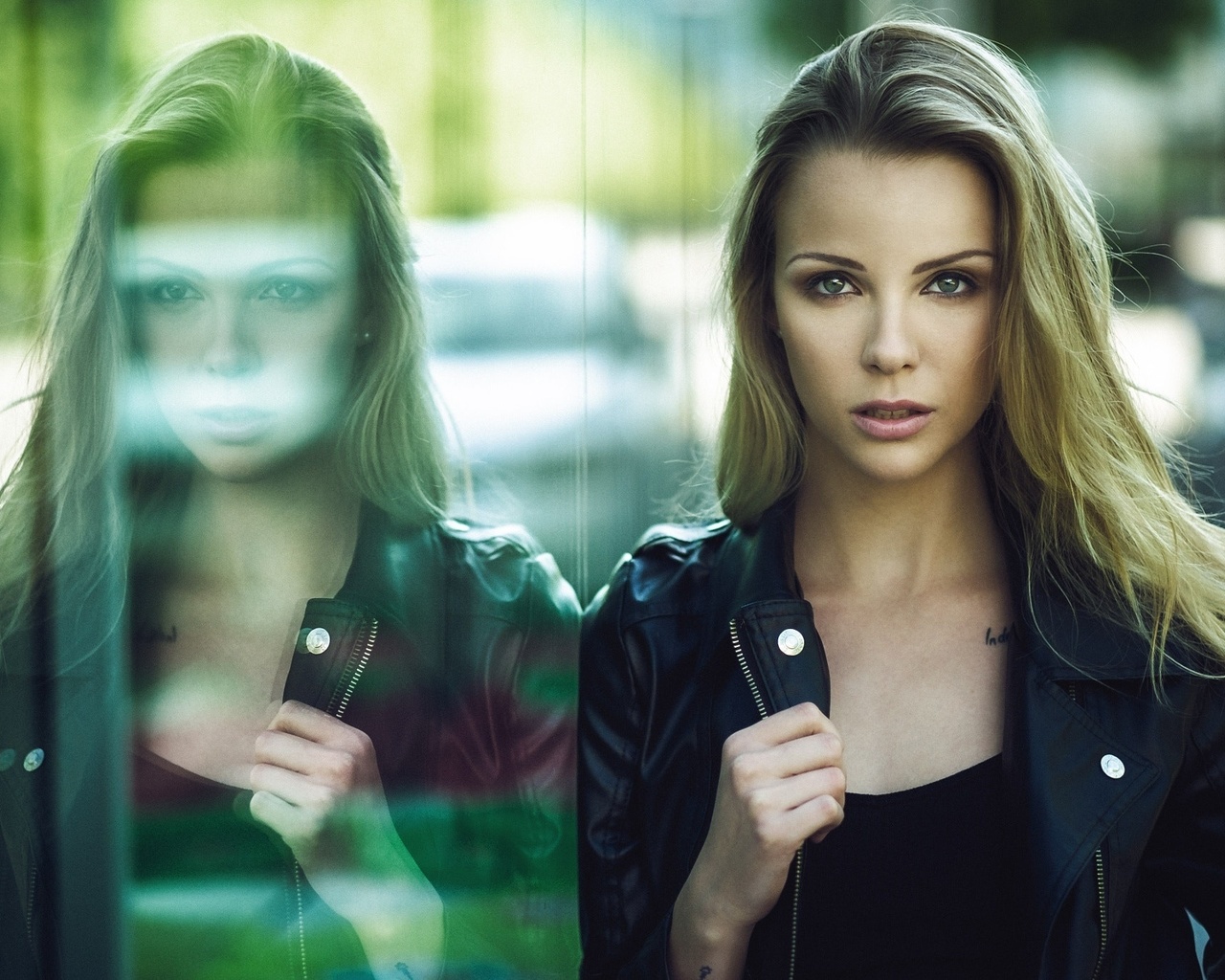 women, blonde, face, glass, reflection, tattoo, depth of field, leather jackets, , , , , , ,  