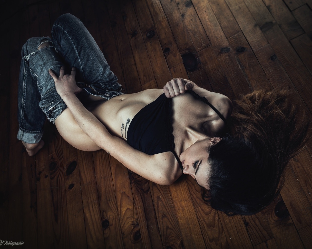 women, brunette, pants down, pants, jeans, belly, wooden surface, tattoo, black bras, closed eyes, torn jeans, lying on back