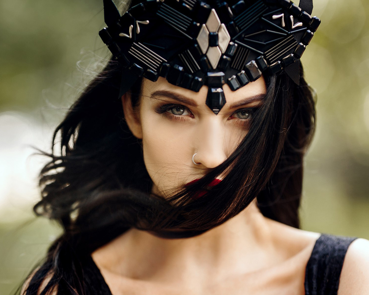 alla berger, women, face, portrait, depth of field, black hair, nose rings, model, red lipstick, hair in face