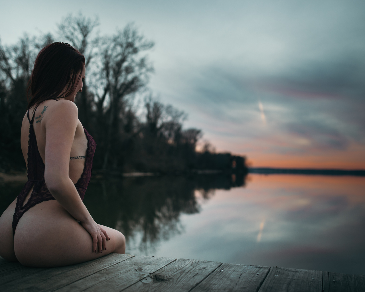 women, ass, pier, sitting, back, sunset, tattoo, painted nails, one-piece swimsuit, lake, portrait, tanned, depth of field, women outdoors, wooden surface, reflection, water, , , , , , , ,  , ,