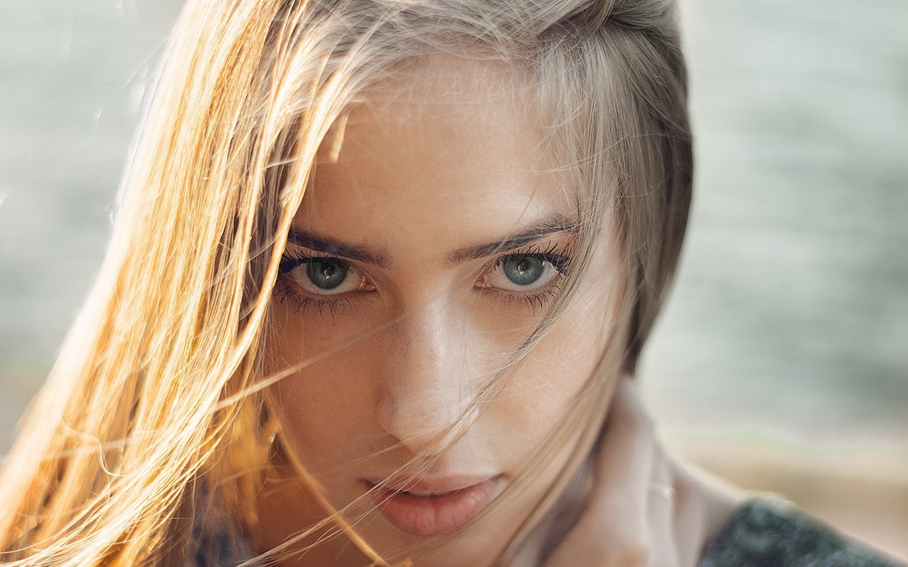 victoria morozova, women, blonde, face, portrait, depth of field, gray eyes