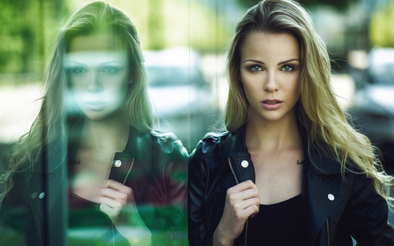 women, blonde, face, glass, reflection, tattoo, depth of field, leather jackets, , , , , , ,  