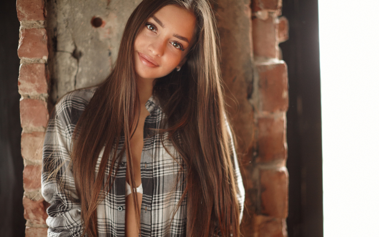 women, portrait, wall, straight hair, bricks, white bra, tanned, shirt, open shirt, smiling