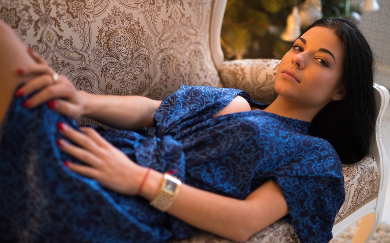 marina shimkovich, women, couch, lying on back, red nails, cleavage, portrait, , ,   , , , ,  