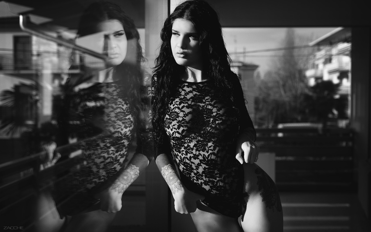 women, portrait, black lingerie, the gap, see-through clothing, glass, reflection, depth of field, black hair, monochrome, tattoo, giovanni zacche, , , ,  ,  , , , 