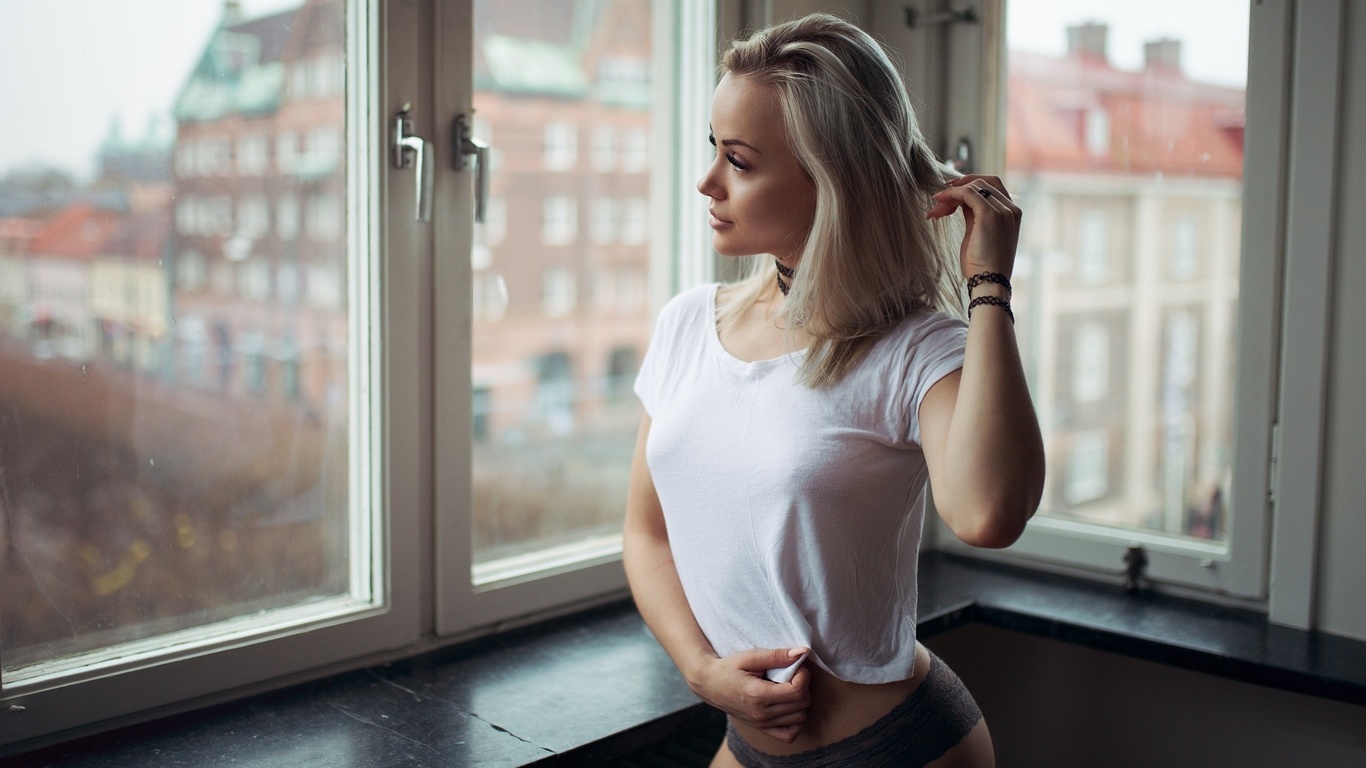 alicja sedzielewska, women, t-shirt, black panties, window, blonde, brunette, nipple through clothing, choker