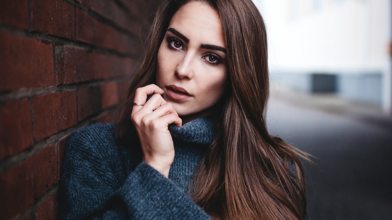 women, face, portrait, bricks, wall, depth of field,  , 