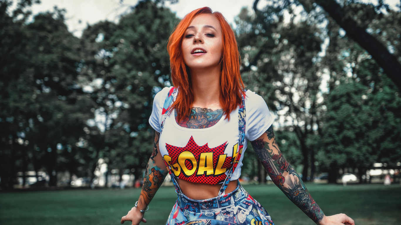 yana sinner, women, redhead, t-shirt, overalls, tattoos, portrait, women outdoors, painted nails, trees