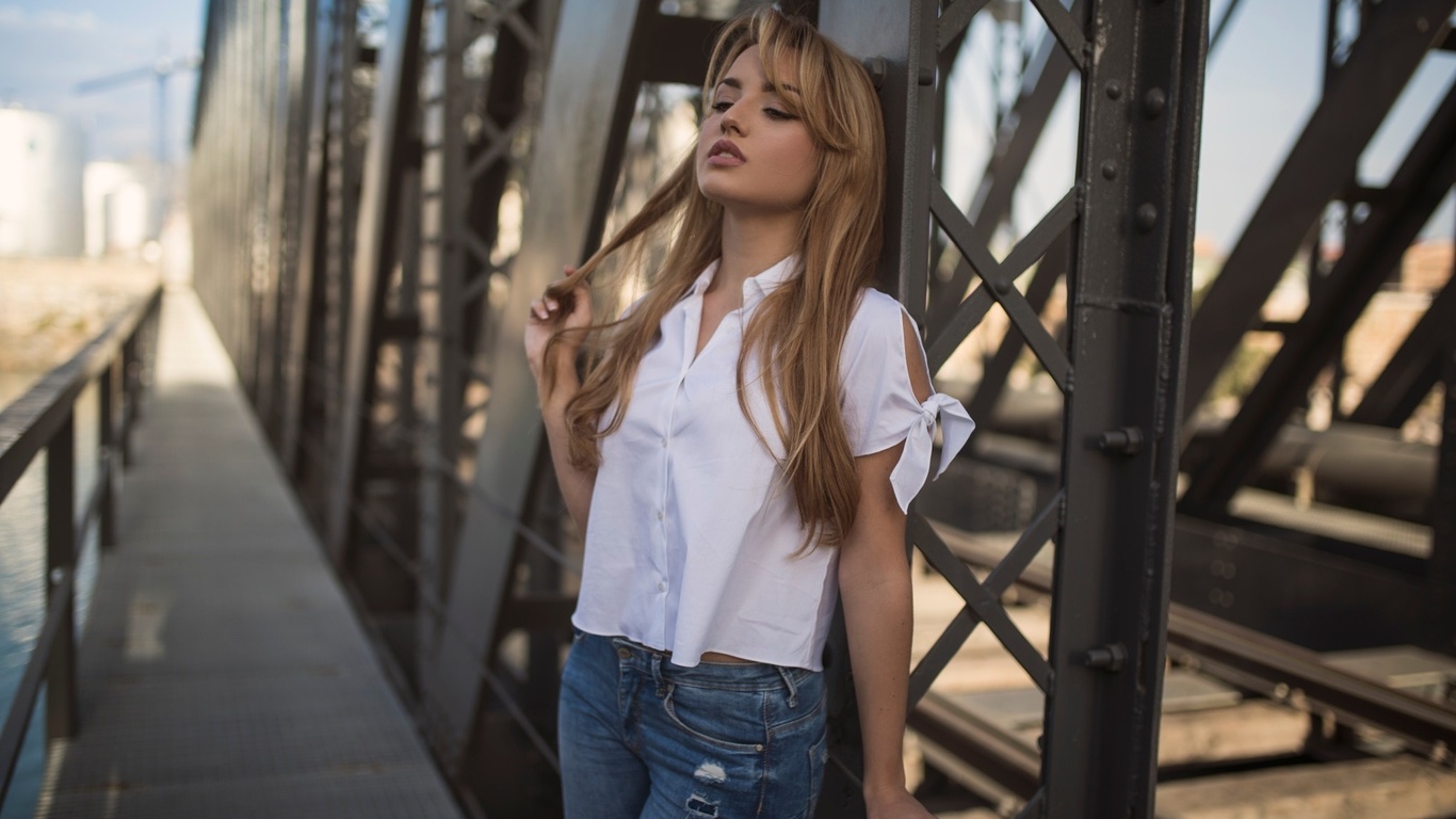 carolina camacho, women, blonde, pants, jeans, shirt, depth of field, portrait