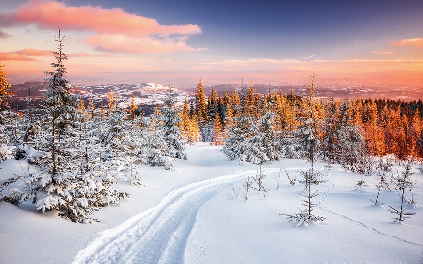 frozen, winter, snow, light, sunset, poland, mountains, route, orange, tomasz wieczorek