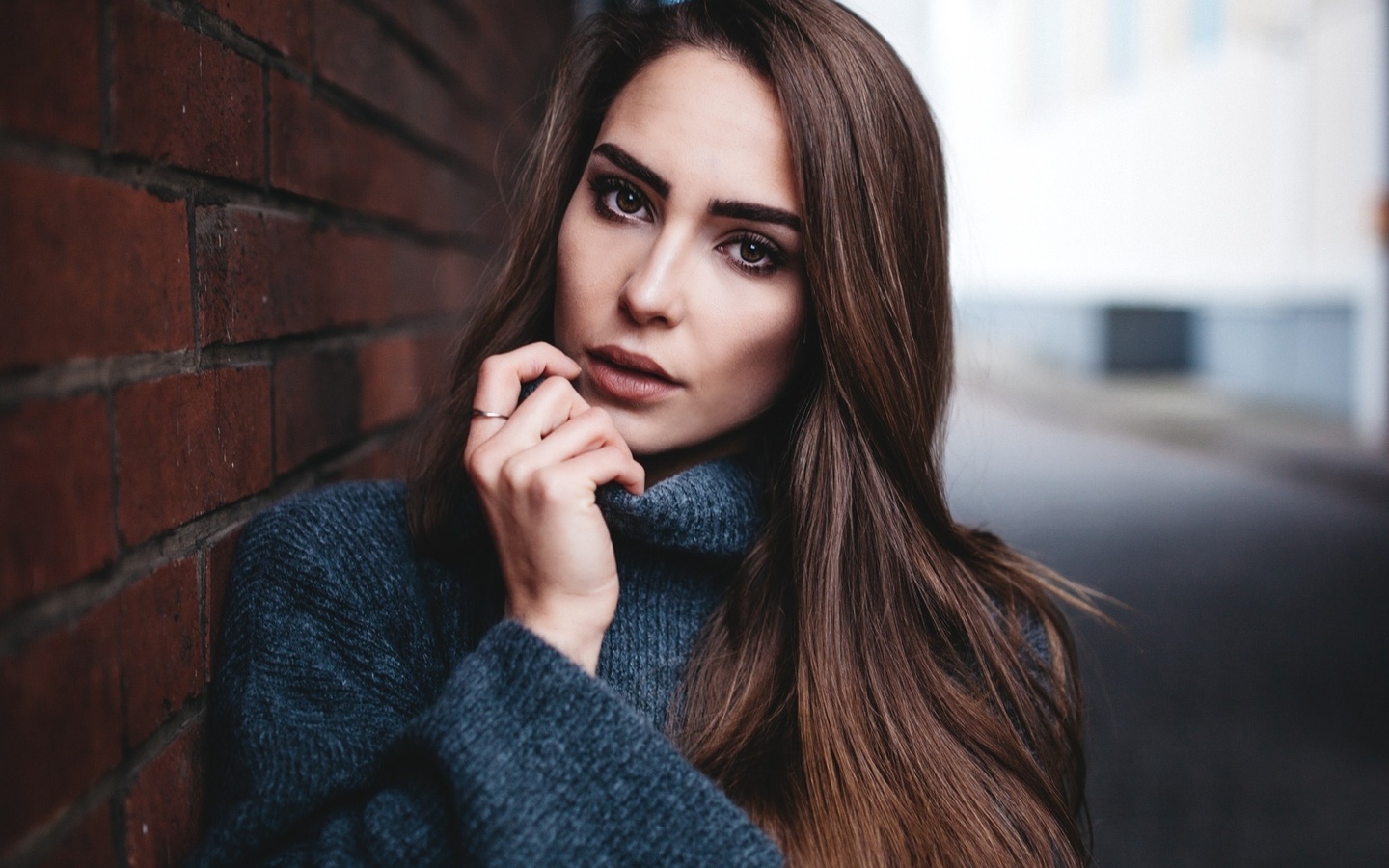 women, face, portrait, bricks, wall, depth of field,  , 