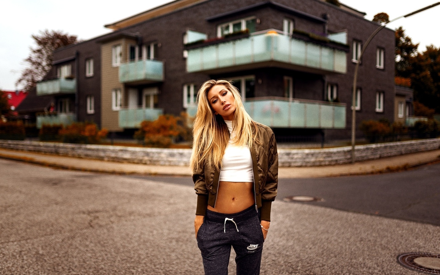 women, blonde, street, belly, tanned, sweater, pants, just do it, depth of field, miro hofmann