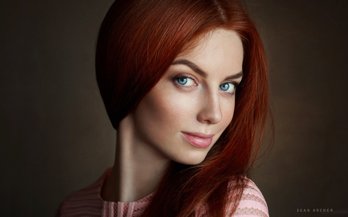 women, redhead, face, portrait, blue eyes, sean archer