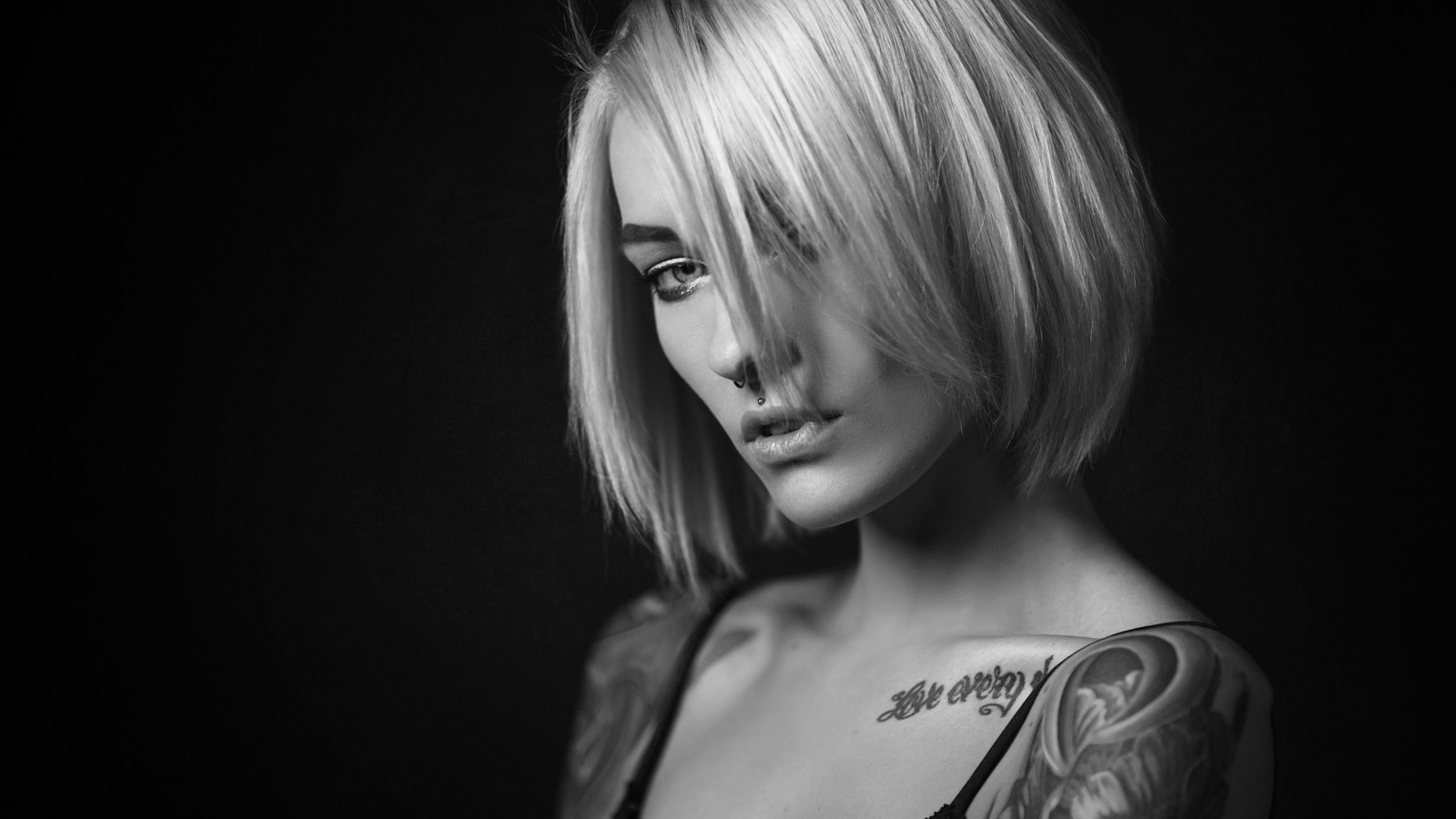 sasha brink, women, tattoo, nose rings, simple background, black background, face, portrait