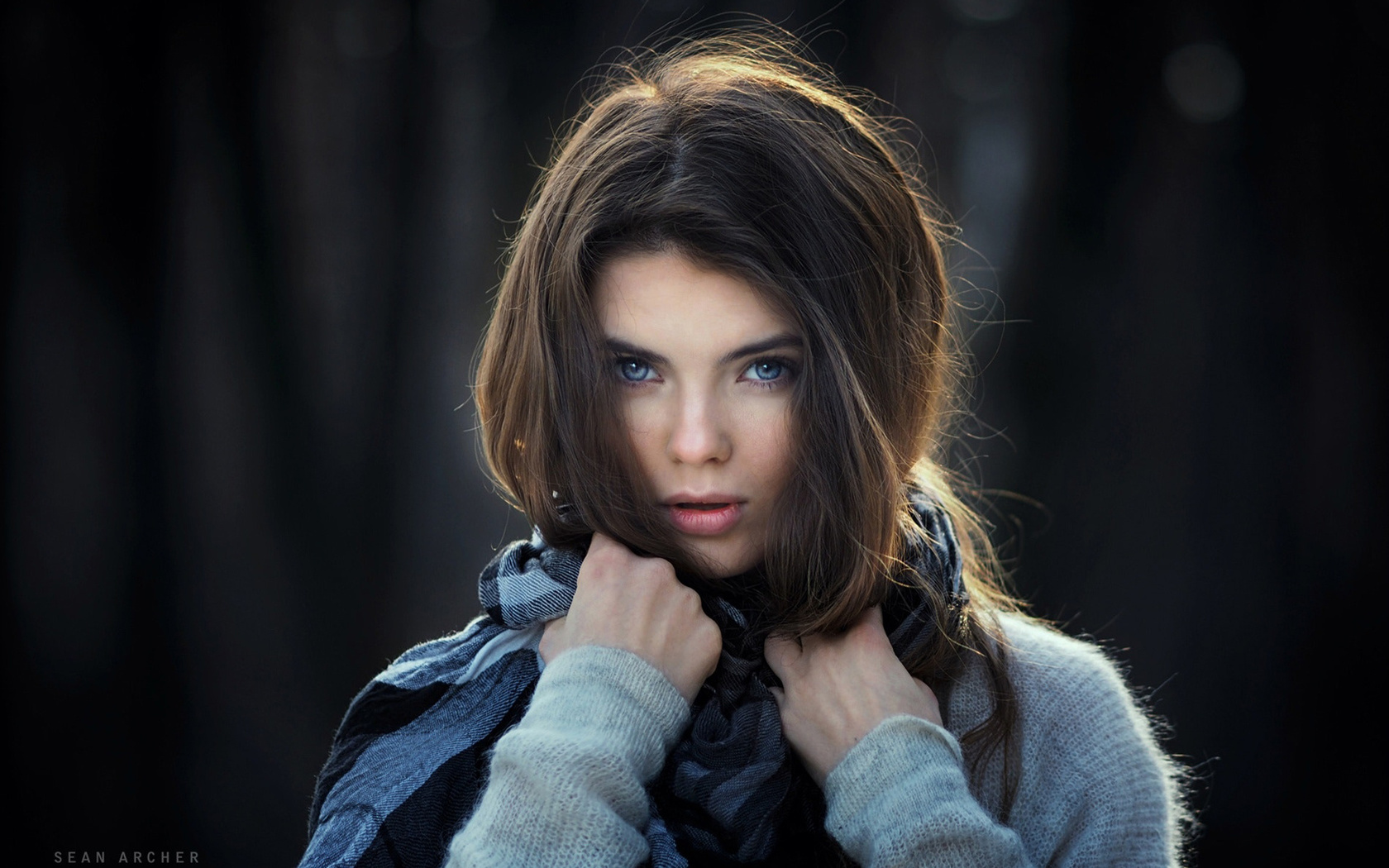 women, face, portrait, depth of field, blue eyes, scarf, sweater, sean archer, , , ,  , , , 