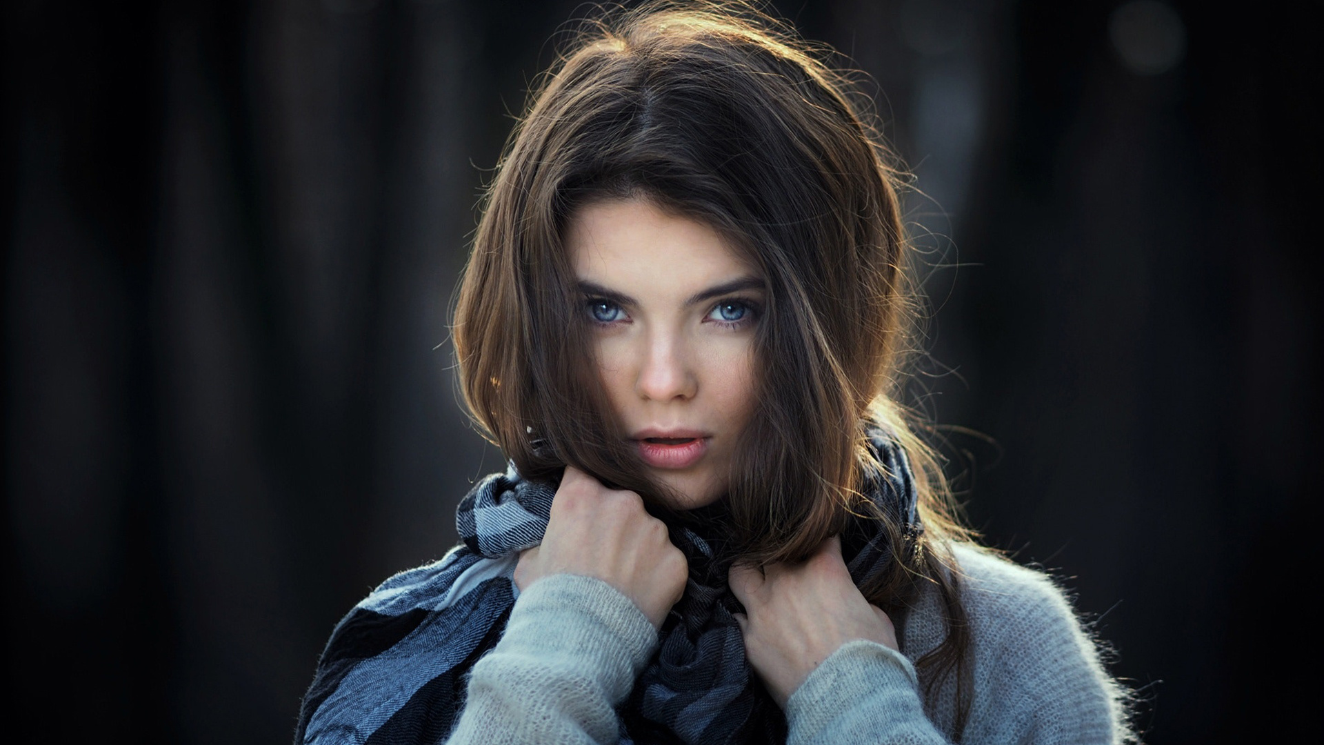 women, face, portrait, depth of field, blue eyes, scarf, sweater, sean archer, , , ,  , , , 