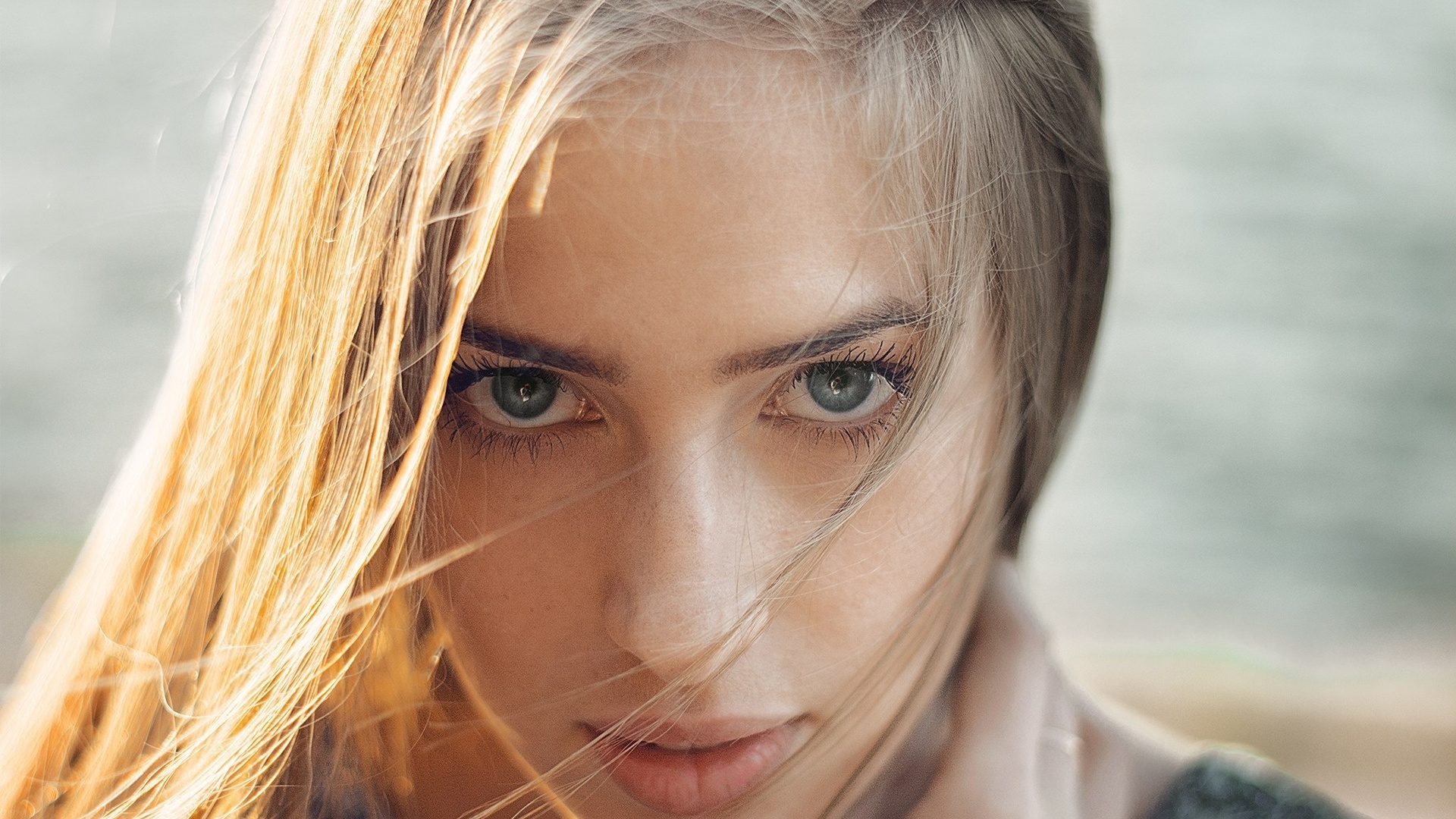 victoria morozova, women, blonde, face, portrait, depth of field, gray eyes