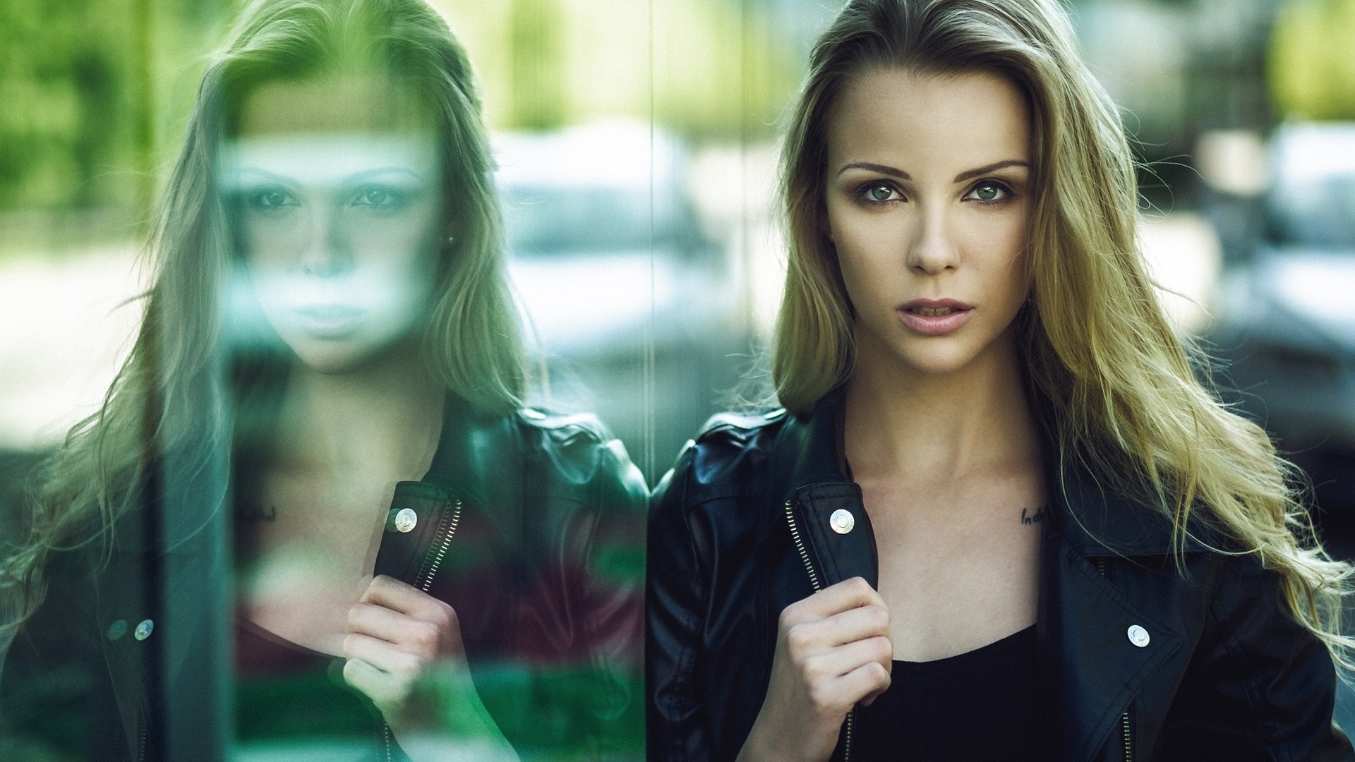 women, blonde, face, glass, reflection, tattoo, depth of field, leather jackets, , , , , , ,  