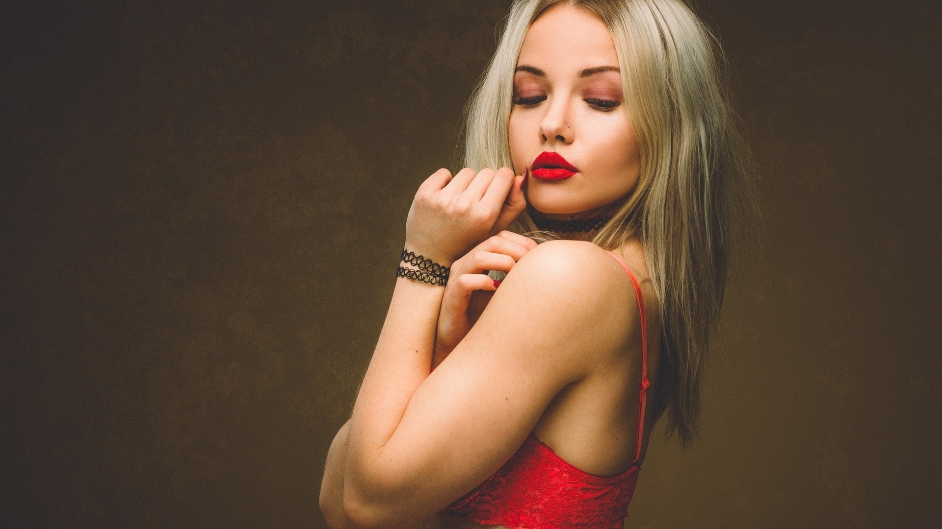 alicja sedzielewska, women, blonde, portrait, red bras, red lipstick, simple background, choker, pierced nose, face