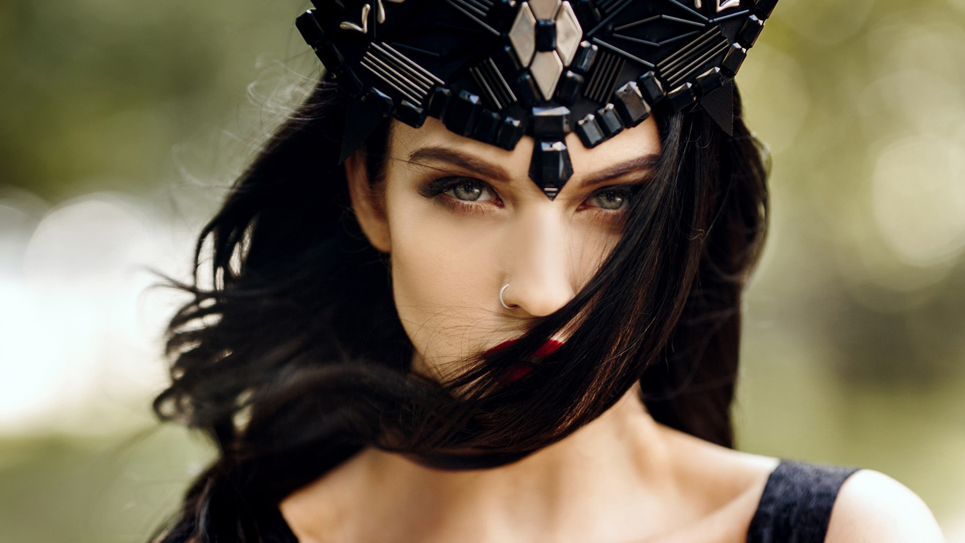 alla berger, women, face, portrait, depth of field, black hair, nose rings, model, red lipstick, hair in face