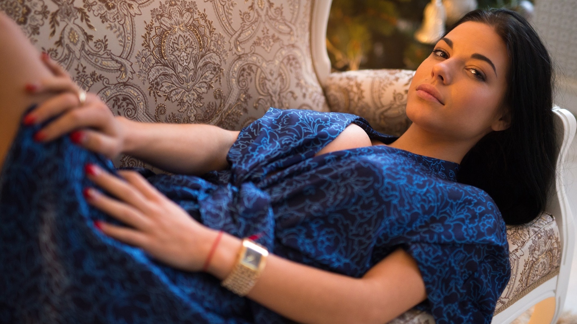 marina shimkovich, women, couch, lying on back, red nails, cleavage, portrait, , ,   , , , ,  