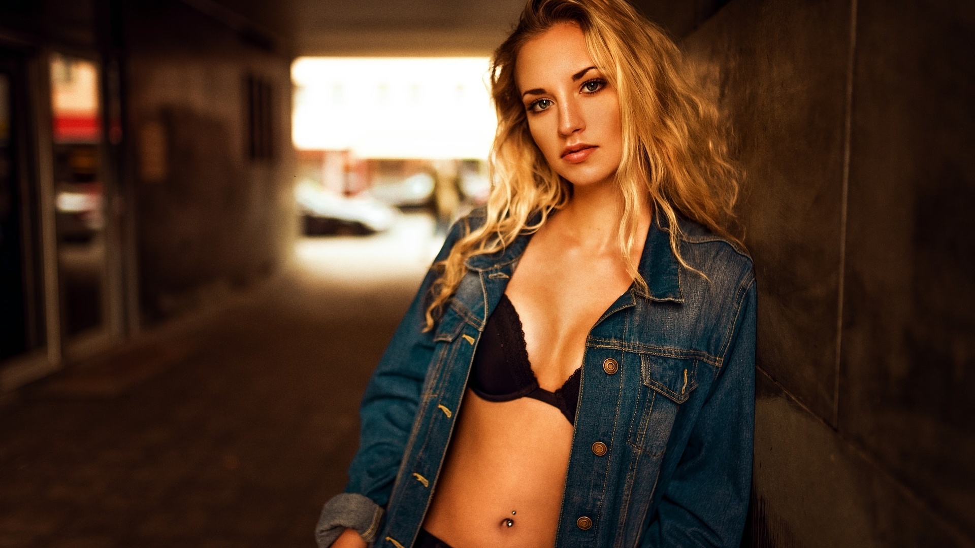 women, blonde, portrait, black bras, belly, denim, depth of field, pierced navel, miro hofmann