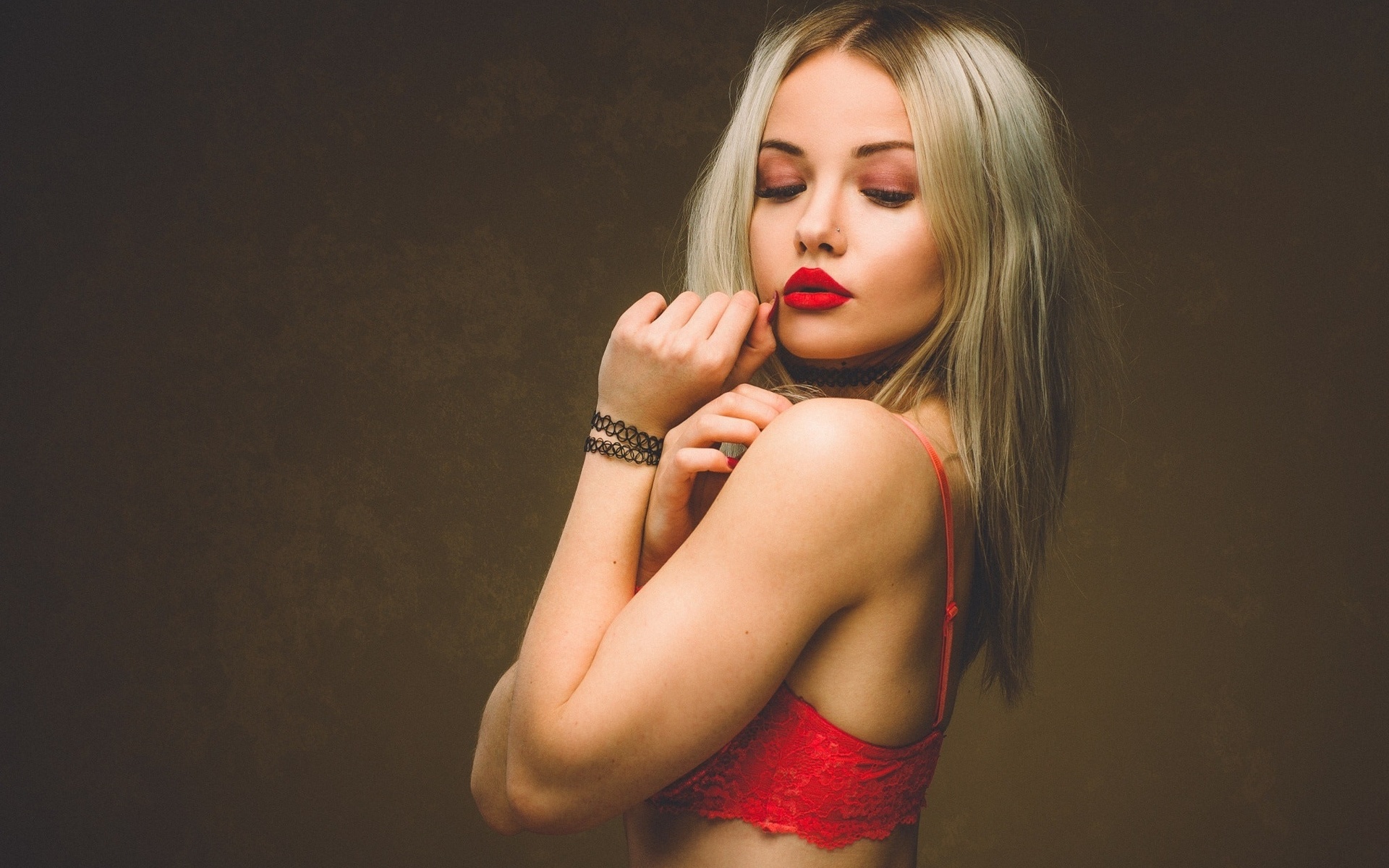 alicja sedzielewska, women, blonde, portrait, red bras, red lipstick, simple background, choker, pierced nose, face