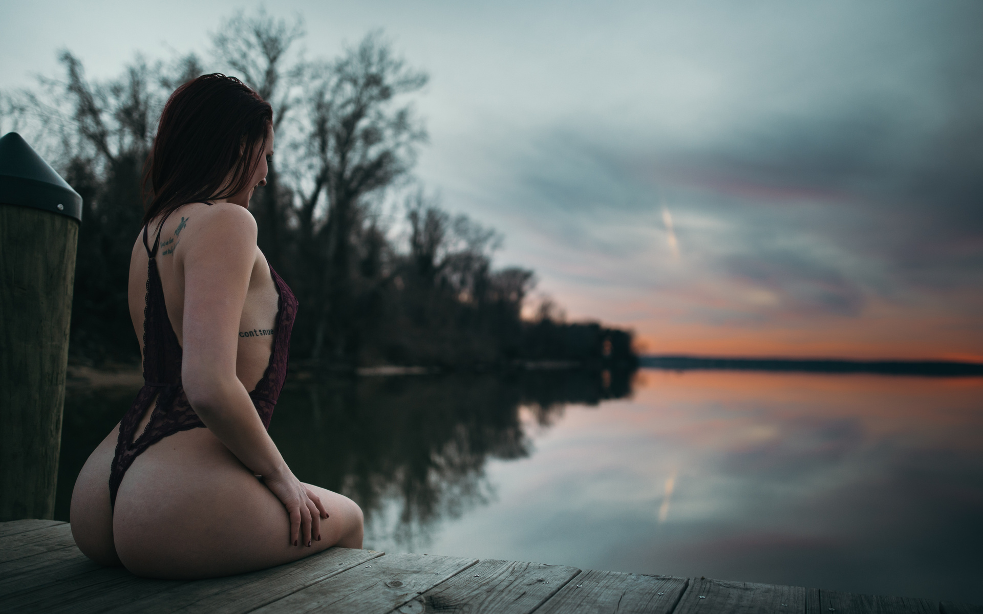 women, ass, pier, sitting, back, sunset, tattoo, painted nails, one-piece swimsuit, lake, portrait, tanned, depth of field, women outdoors, wooden surface, reflection, water, , , , , , , ,  , ,