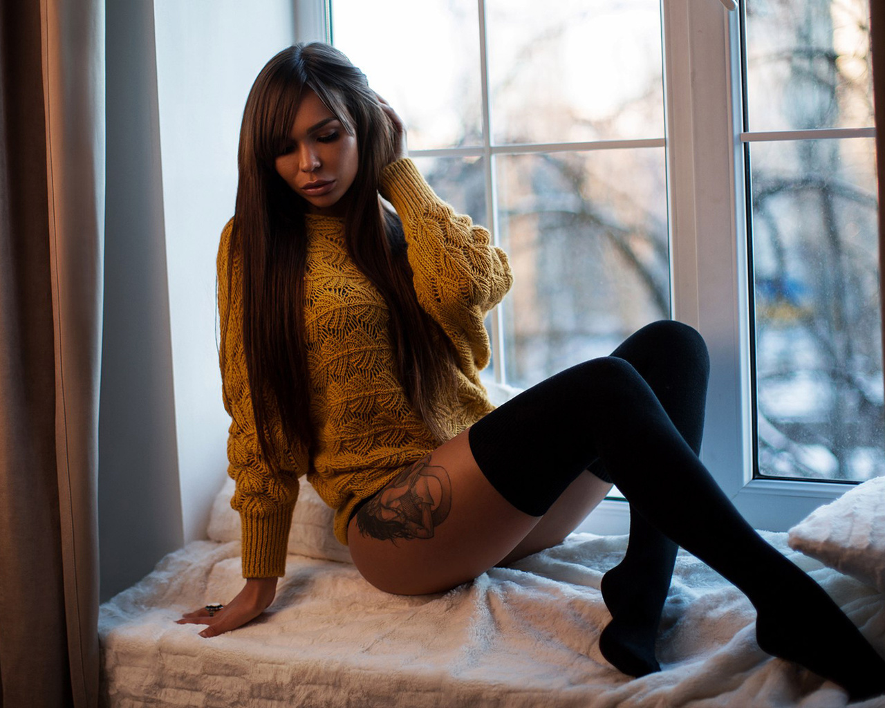 women, tanned, sitting, sweater, window sill, tattoo, black stockings, portrait