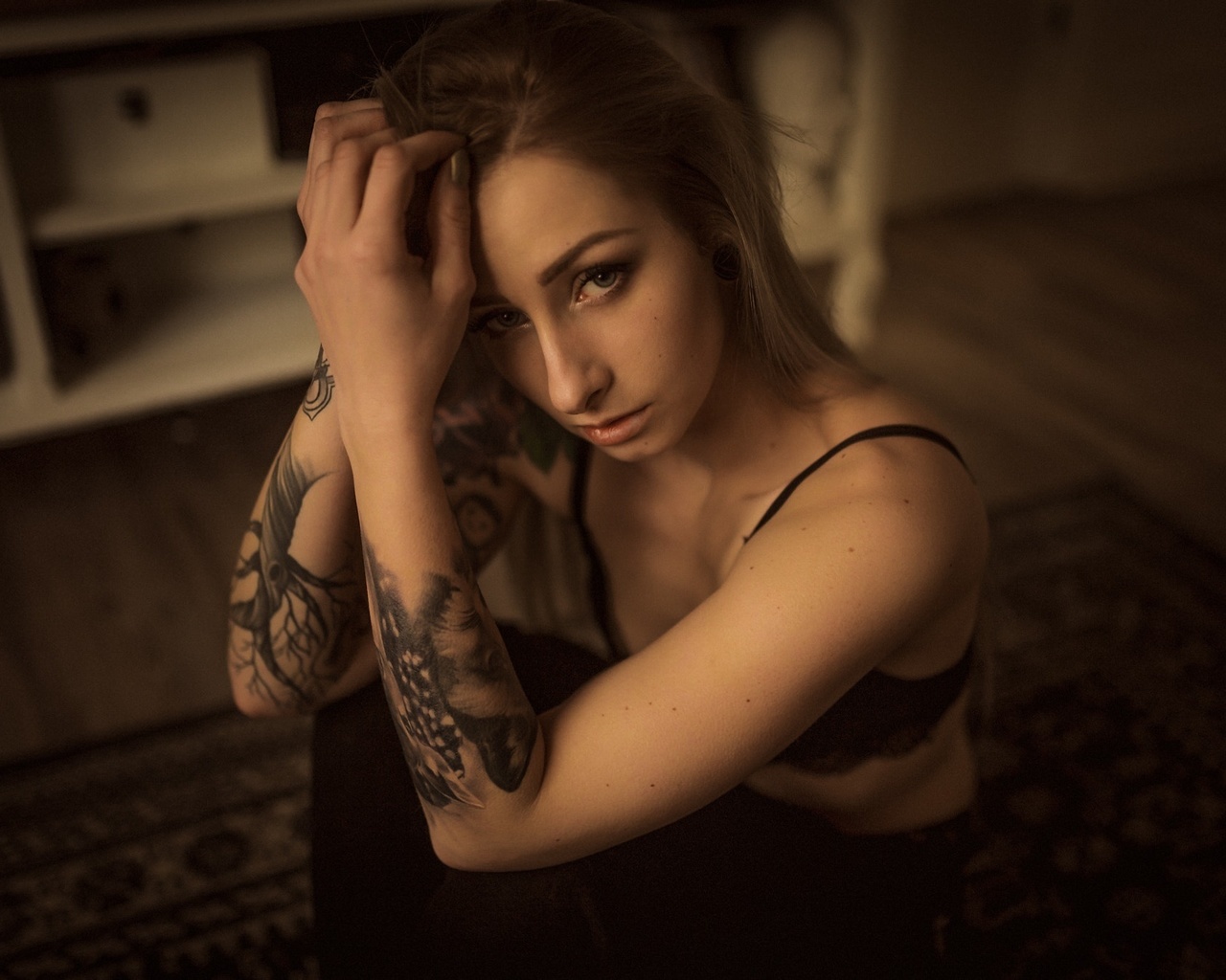 women, blonde, tattoo, black bras, sitting, portrait, hands on head, depth of field