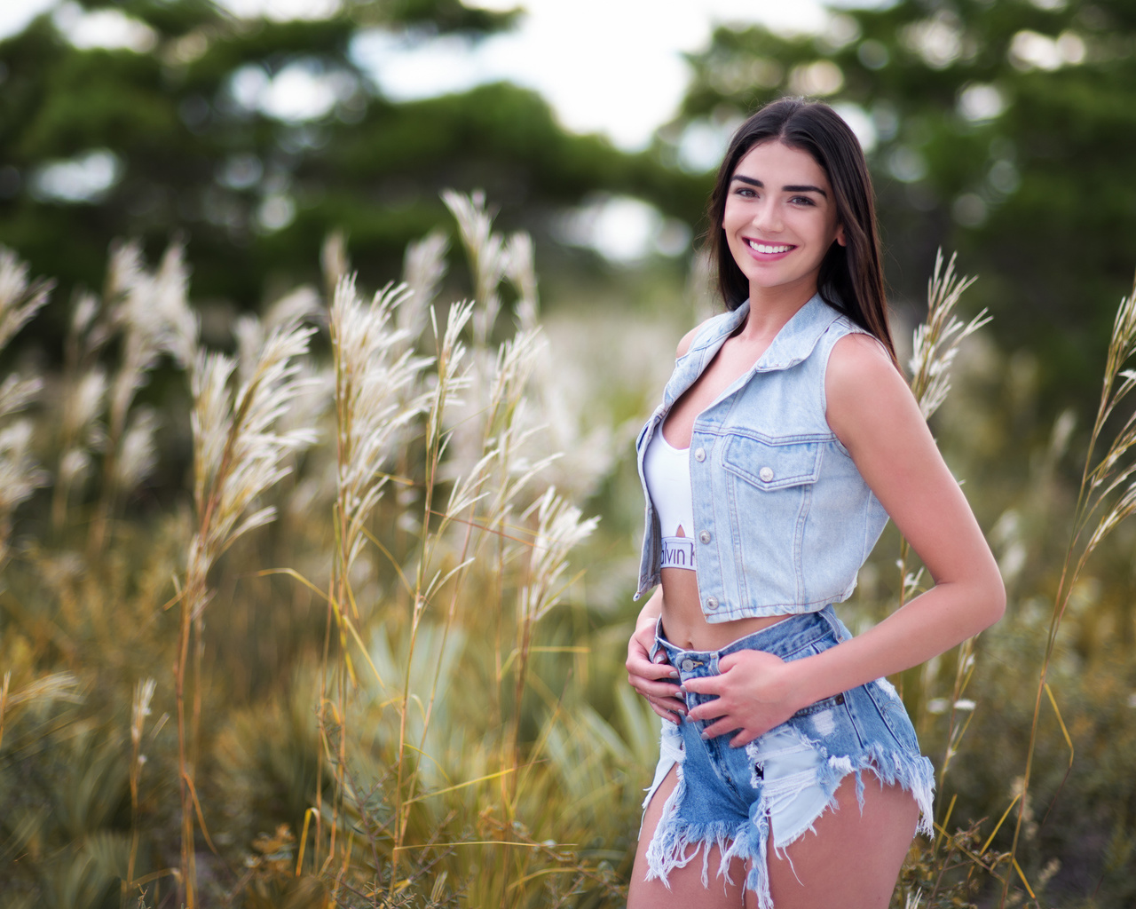 women, jean shorts, smiling, denim, depth of field, portrait, women outdoors, white tops, calvin klein, ,  , , , ,  , , , 