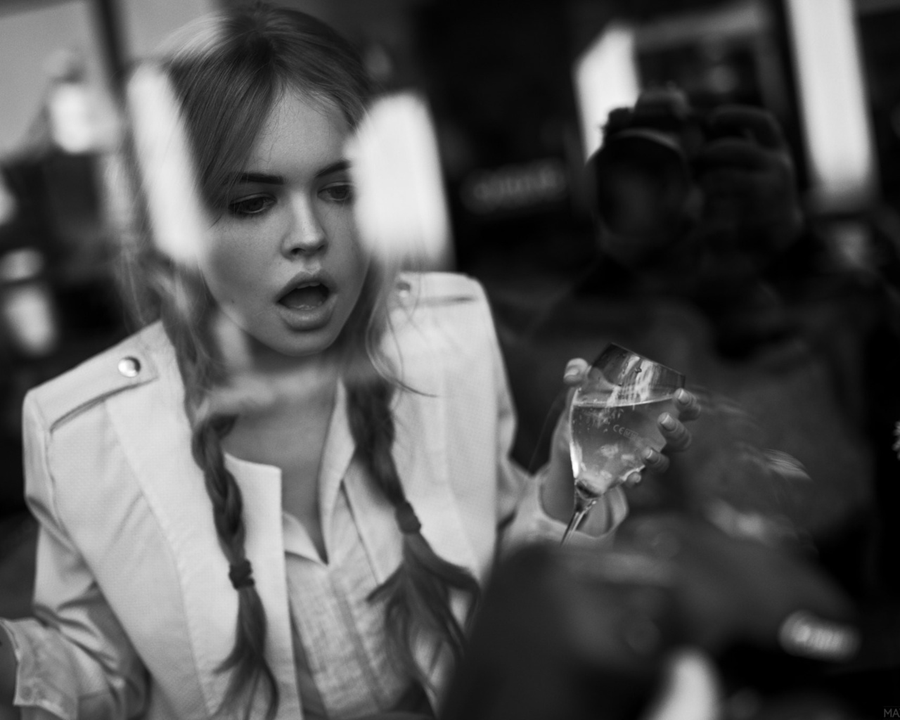 anastasia scheglova, women, model, monochrome, pigtails, glass, reflection, open mouth, cup, tattoo,  , , , , , ,  , , 