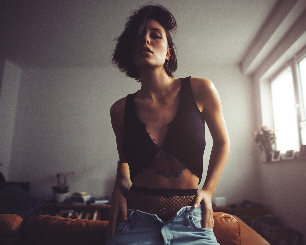 women, tanned, portrait, tattoo, fishnet stockings, pants, jeans, pierced navel, sebastian heberlein, , , ,  , , ,  