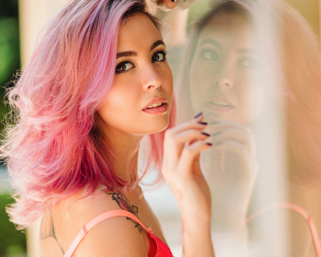 women, portrait, pink hair, glass, depth of field, nose rings, tattoo, , ,  , ,   , 