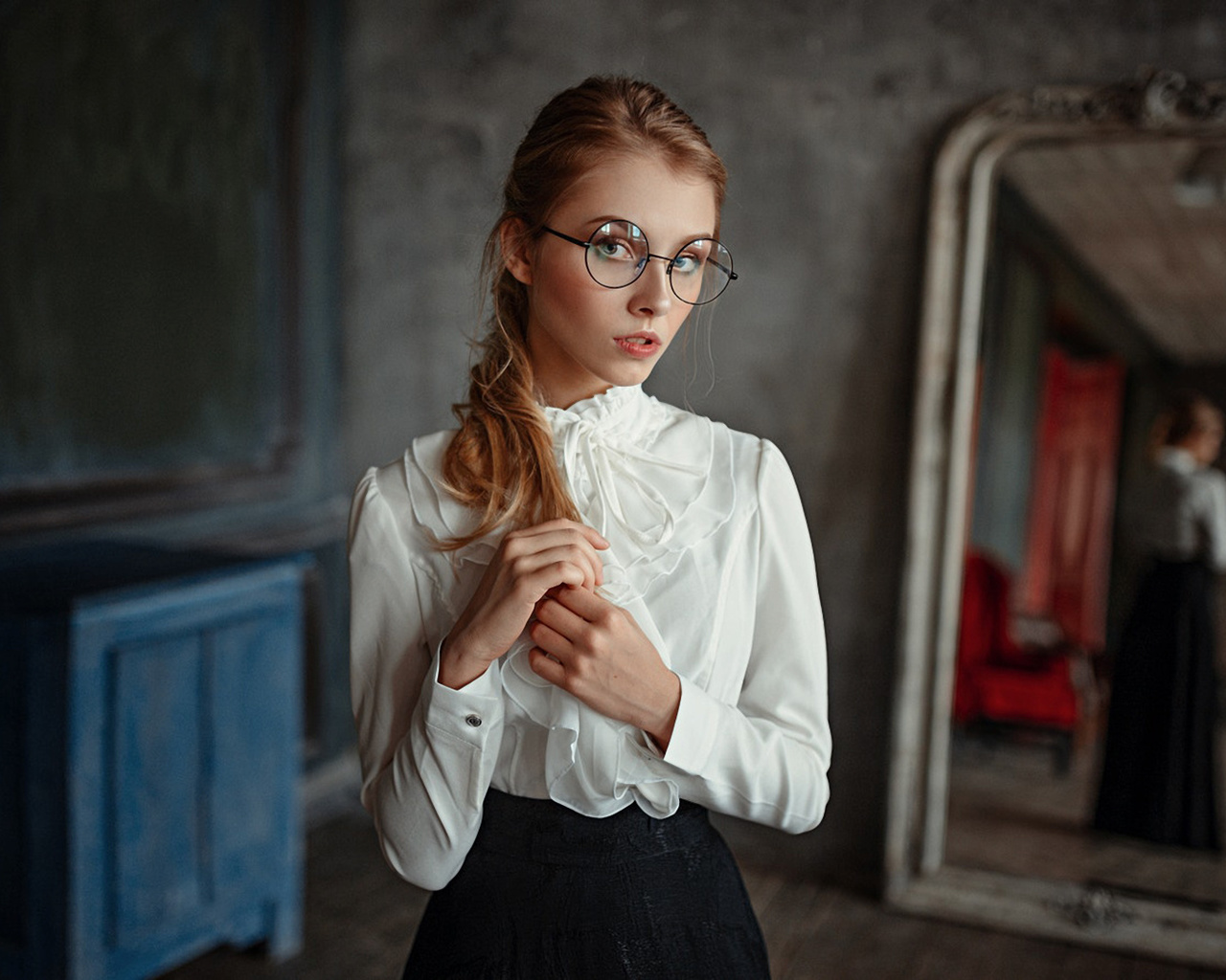 women, blonde, glasses, portrait, mirror, reflection, georgy chernyadyev, depth of field, , , , , , 