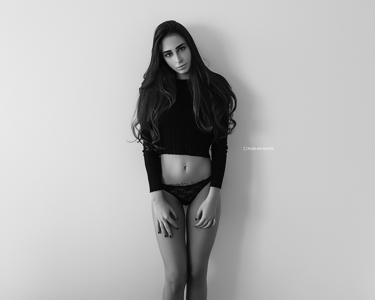 women, black panties, portrait, belly, wall, monochrome, tattoo, painted nails, ,  , , , , -, 