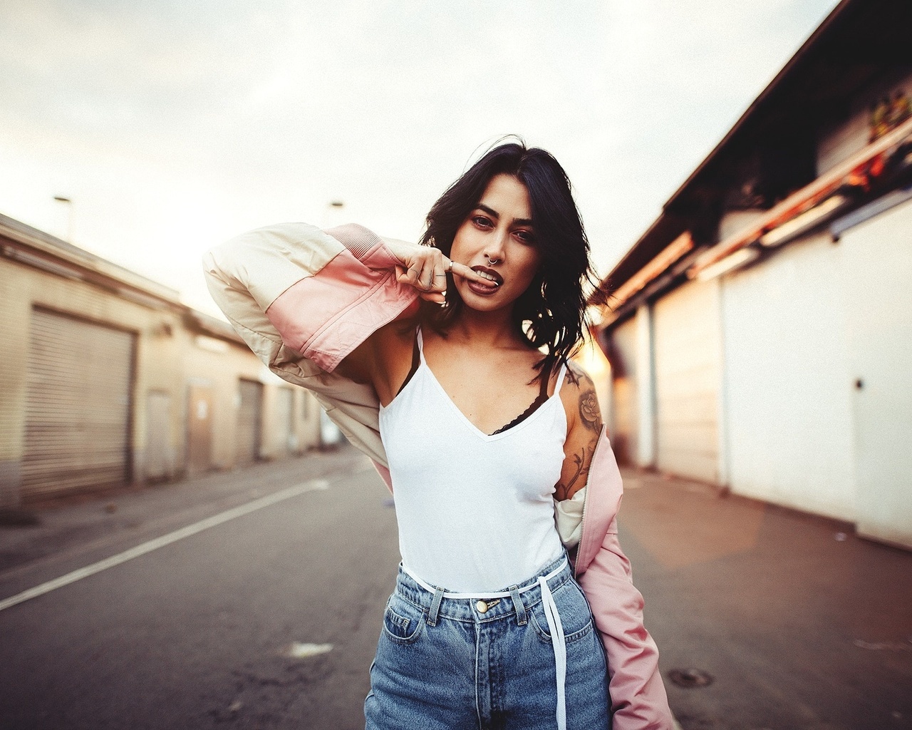 women, portrait, sebastian heberlein, tattoo, brunette, sweater, finger in mouth, women outdoors, nose rings, , , , , ,   ,   