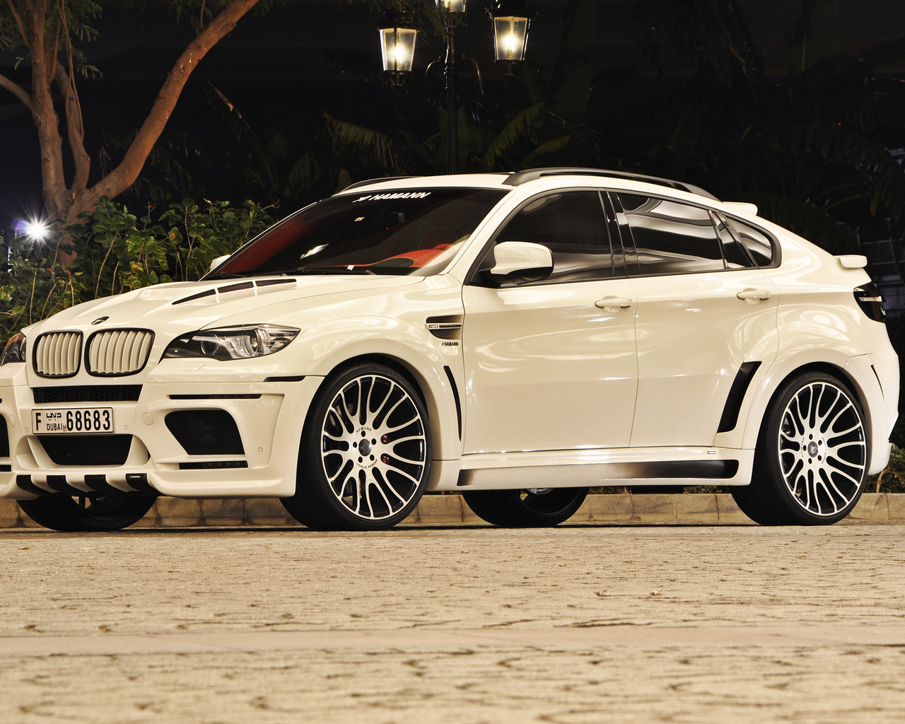 x6m, bmw, white, street, light, hamann, night