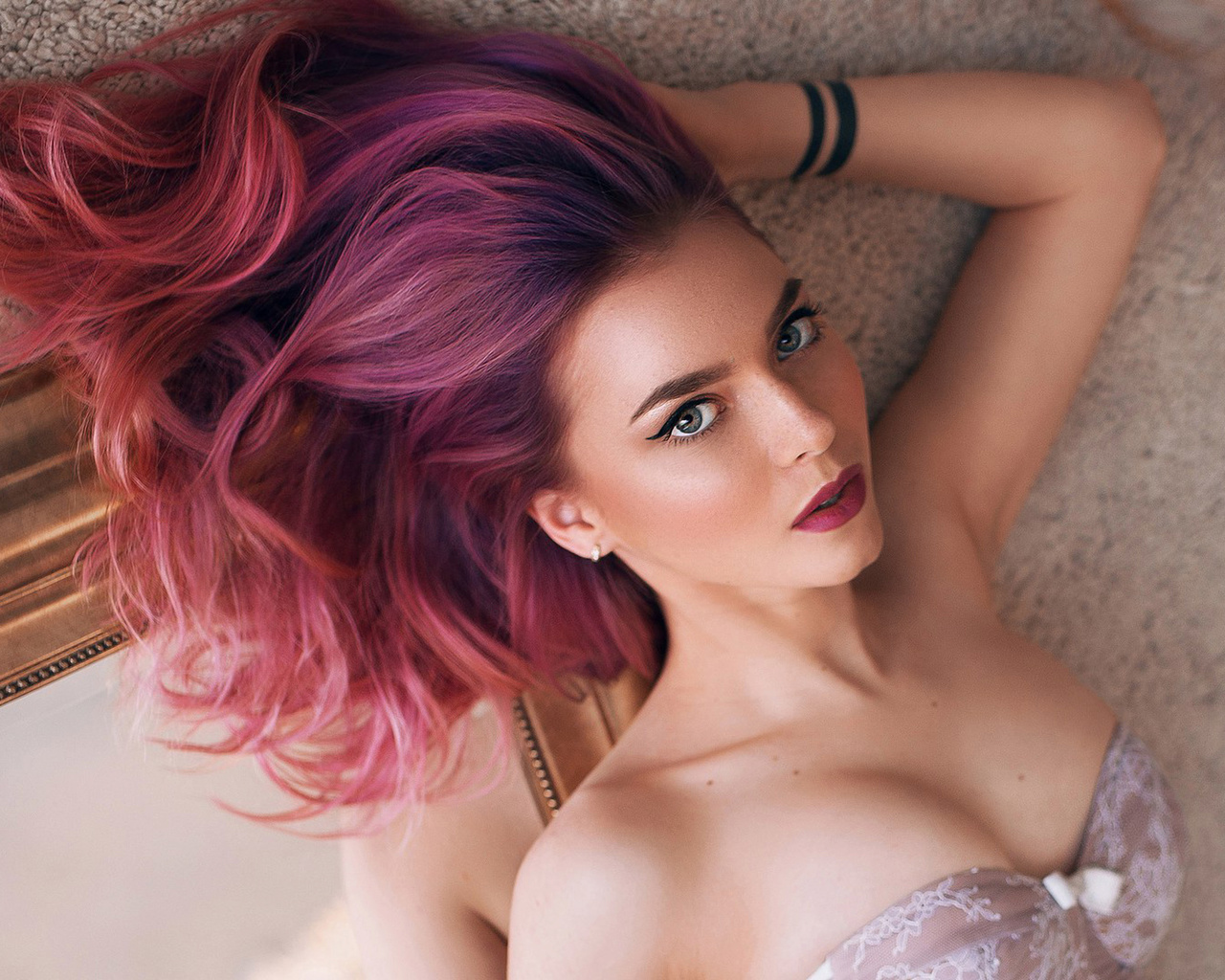 women, dyed hair, portrait, lingerie, brunette, top view, on the floor, ,  , , , ,  ,  