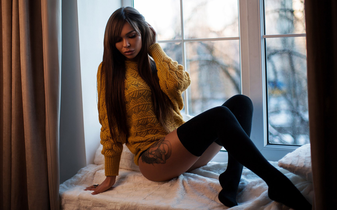 women, tanned, sitting, sweater, window sill, tattoo, black stockings, portrait