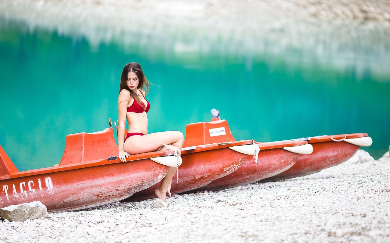 women, sitting, depth of field, red bikinis, sand, water, boat, , , ,  , , 