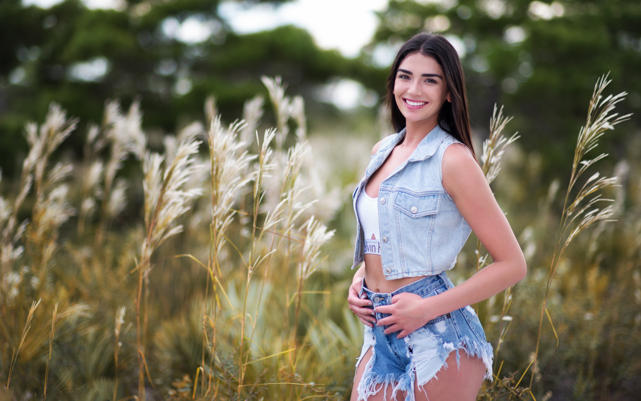 women, jean shorts, smiling, denim, depth of field, portrait, women outdoors, white tops, calvin klein, ,  , , , ,  , , , 