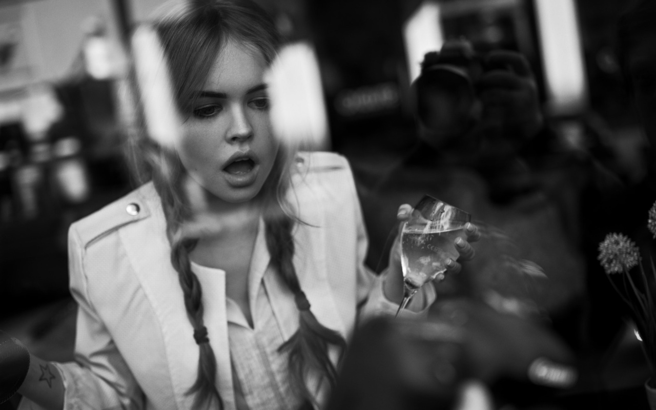 anastasia scheglova, women, model, monochrome, pigtails, glass, reflection, open mouth, cup, tattoo,  , , , , , ,  , , 